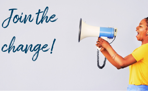 Woman holding a megaphone with text saying join the change